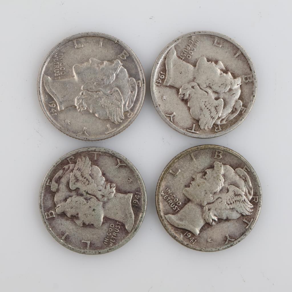 Four 1941 US Mercury Silver Dimes