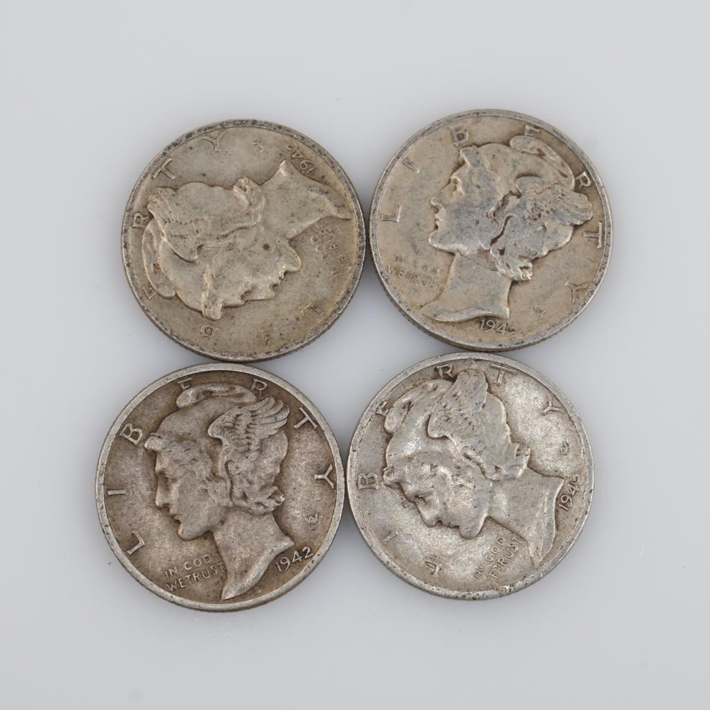 Four 1942 US Mercury Silver Dimes