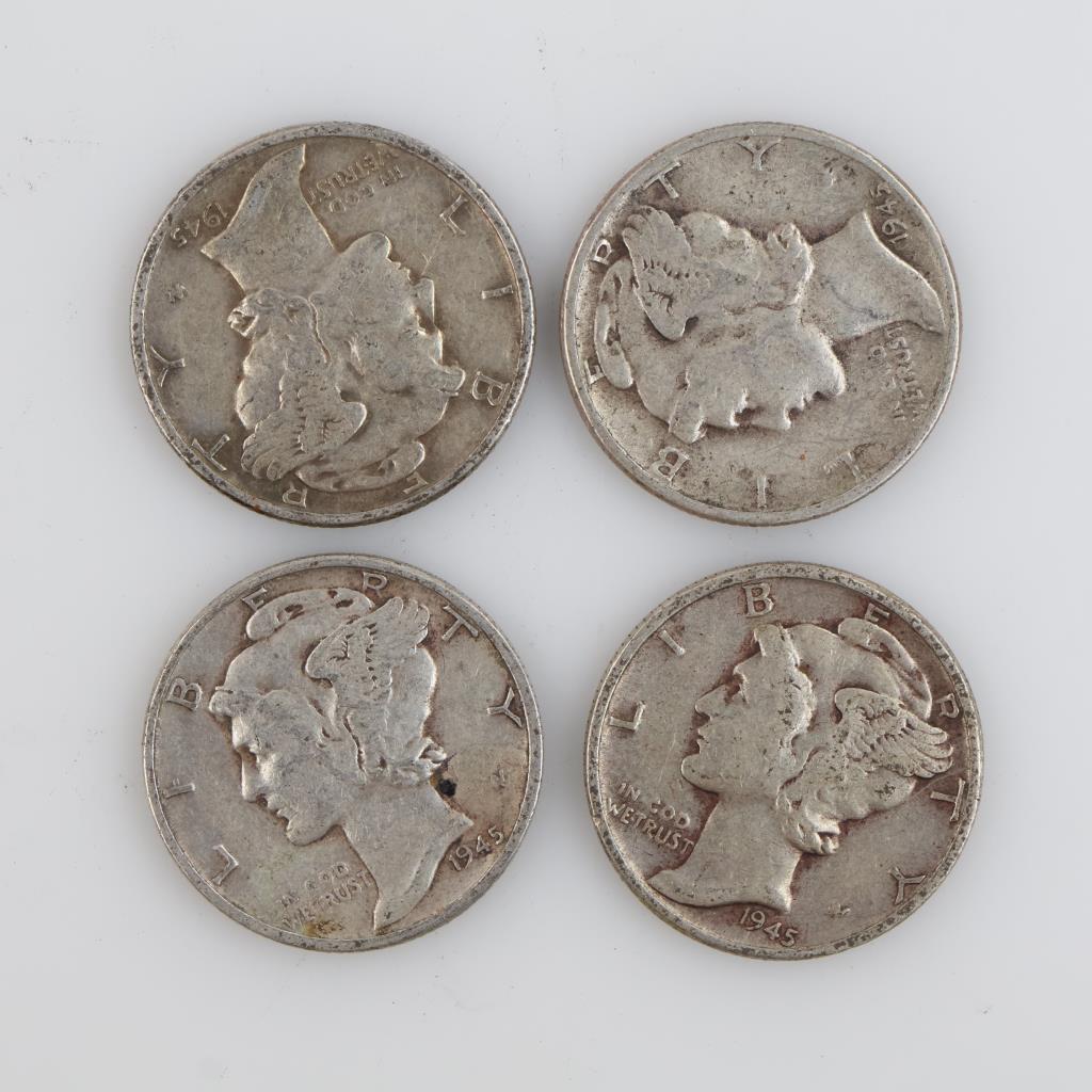 Four 1945 US Mercury Silver Dimes