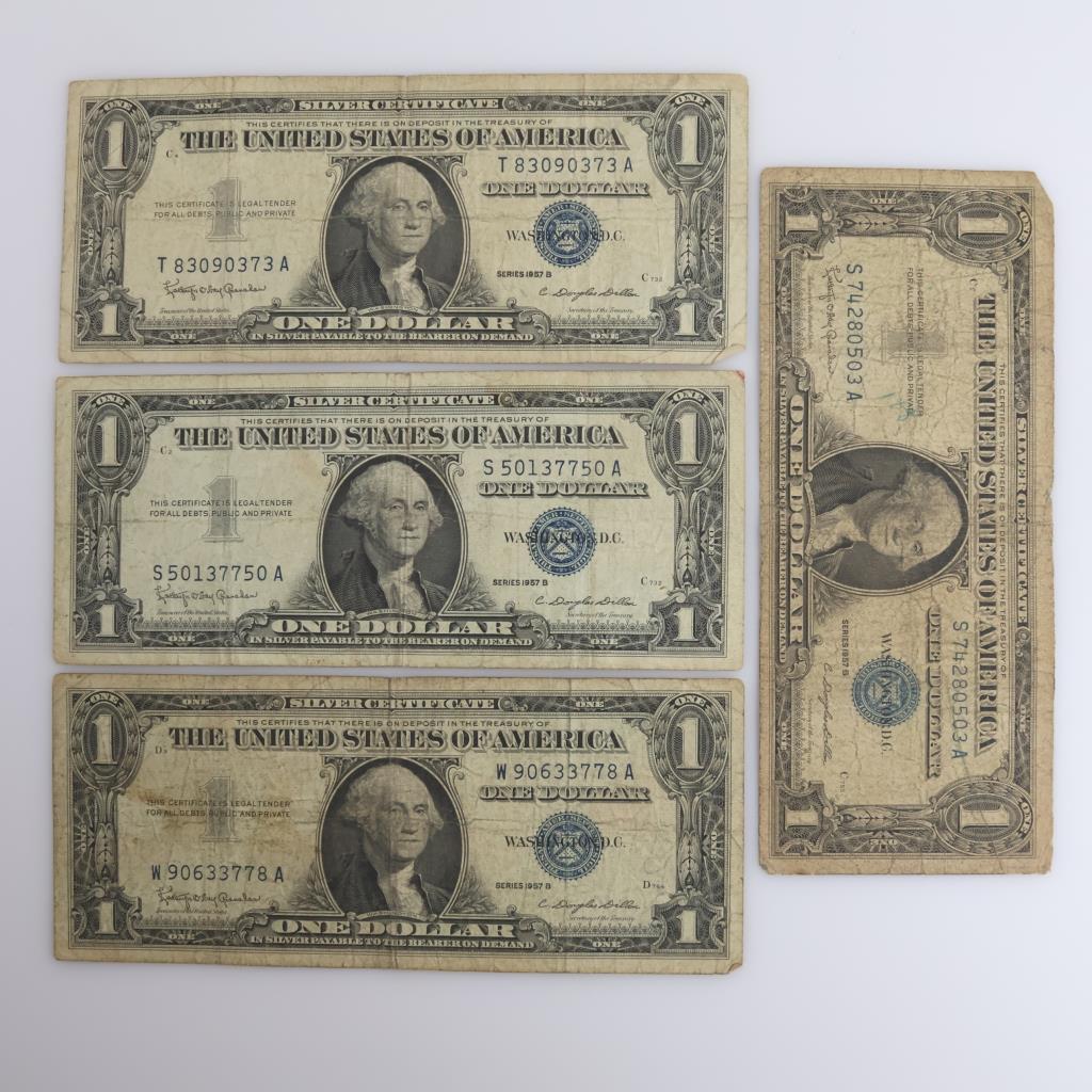 Four 1957B US Silver Certificate 1 Dollar Bills | Property Room
