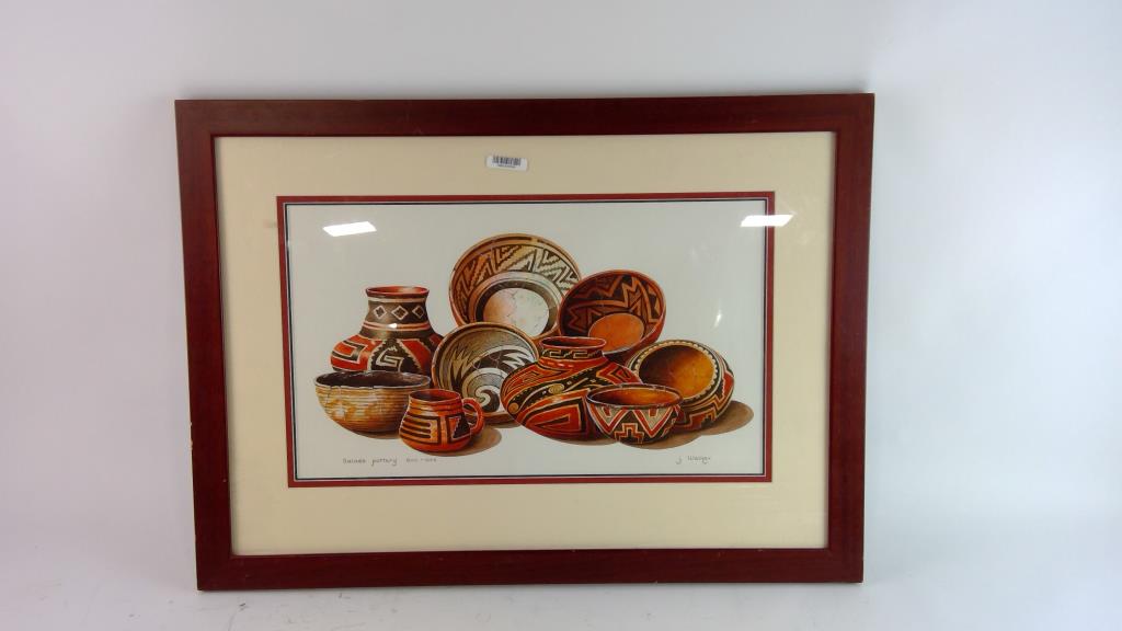Framed Painting Depicting Salado Pottery, By Artist J. Walker