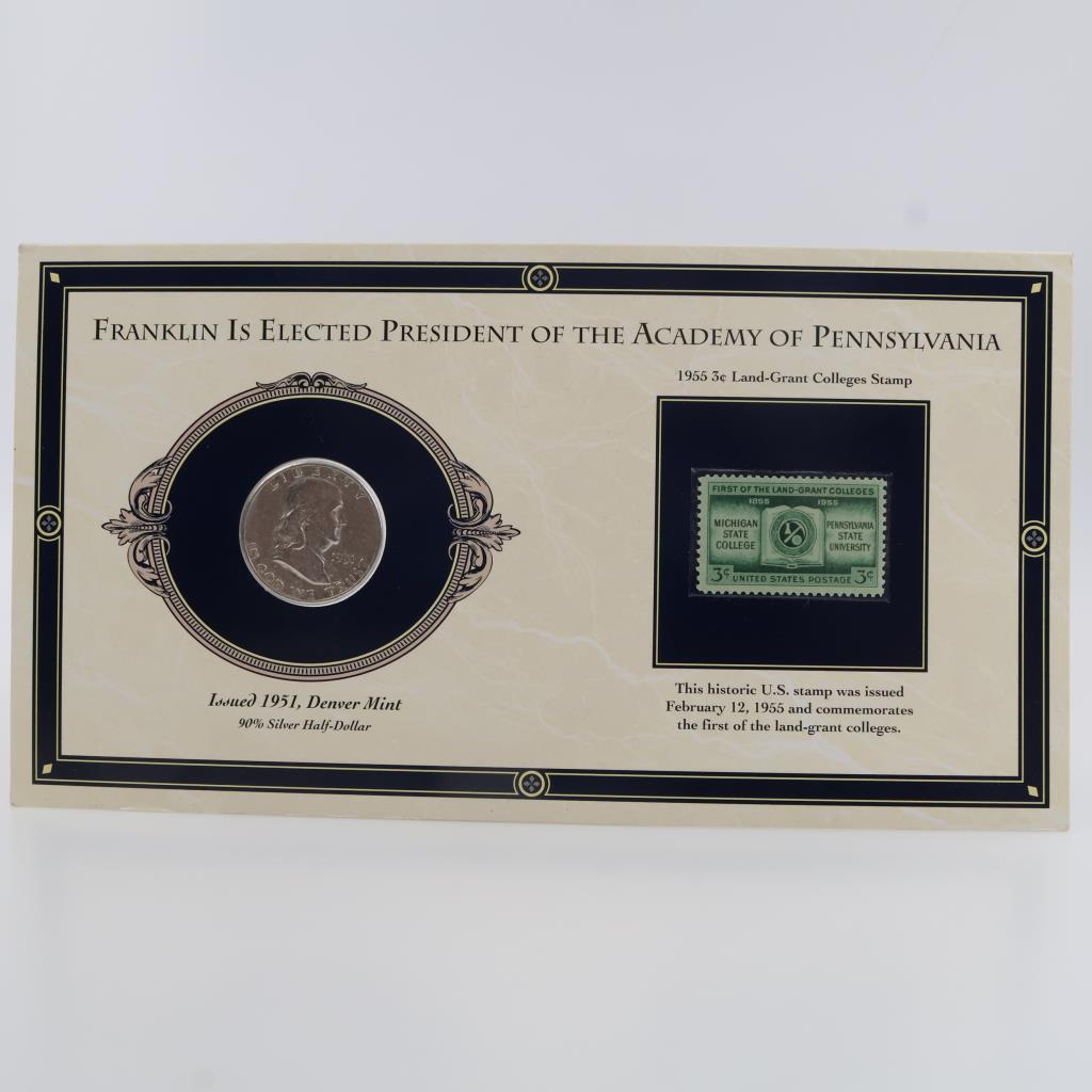 "Franklin Is Elected President Of The Academy Of Pennsylvania" Coin And Stamp Set, 2 Pieces
