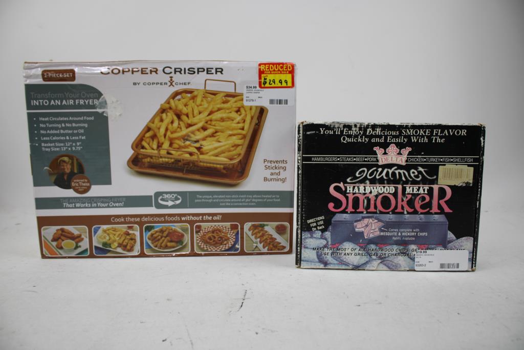 George Foreman 3-Serving Grill, Delta Hardwood Meat Smoker, Copper Crisper, 3 Pieces