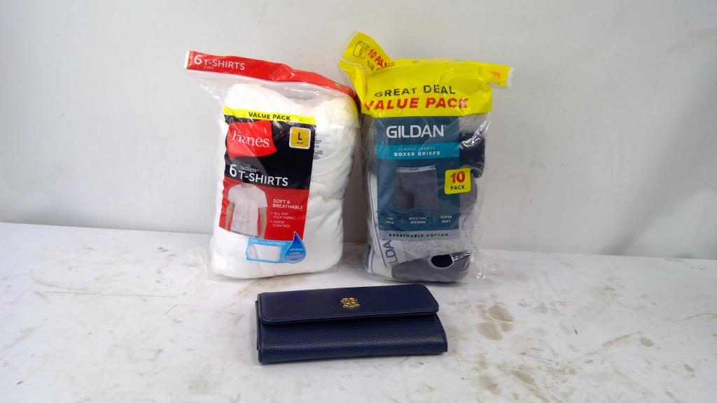 Gildan Boxer Briefs 10-Pack, Hanes White T-Shirt 6-Pack, Tommy Hilger Wallet, 3 Pieces