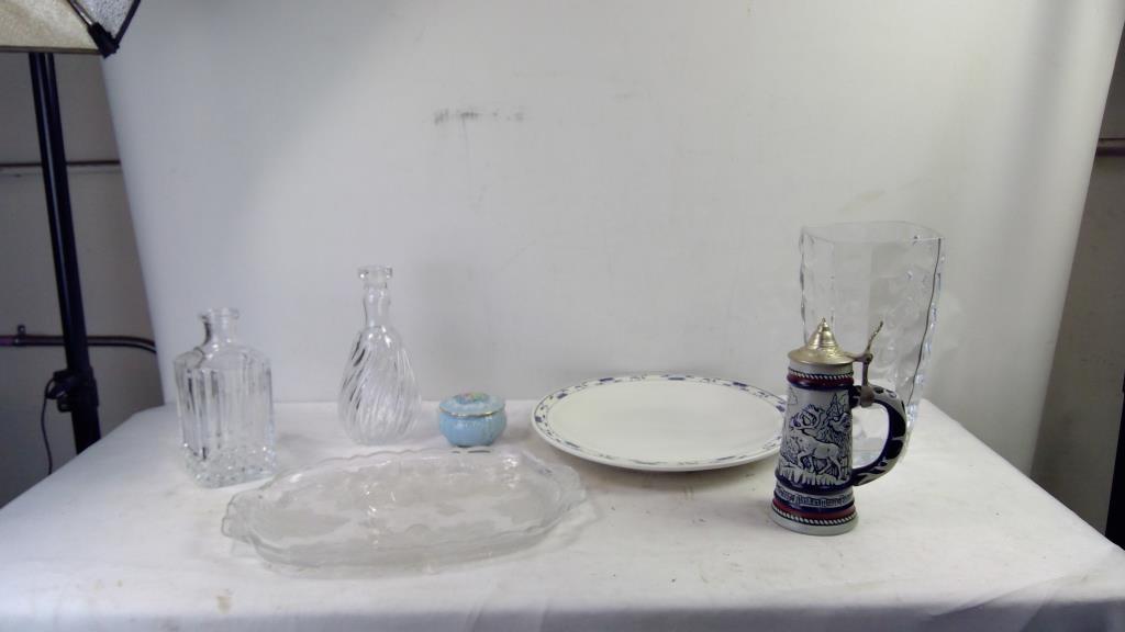 Glass Vases, Floral Glass Tray, Plate, Vintage Avon 1976 Stein, And More, 6 Pieces