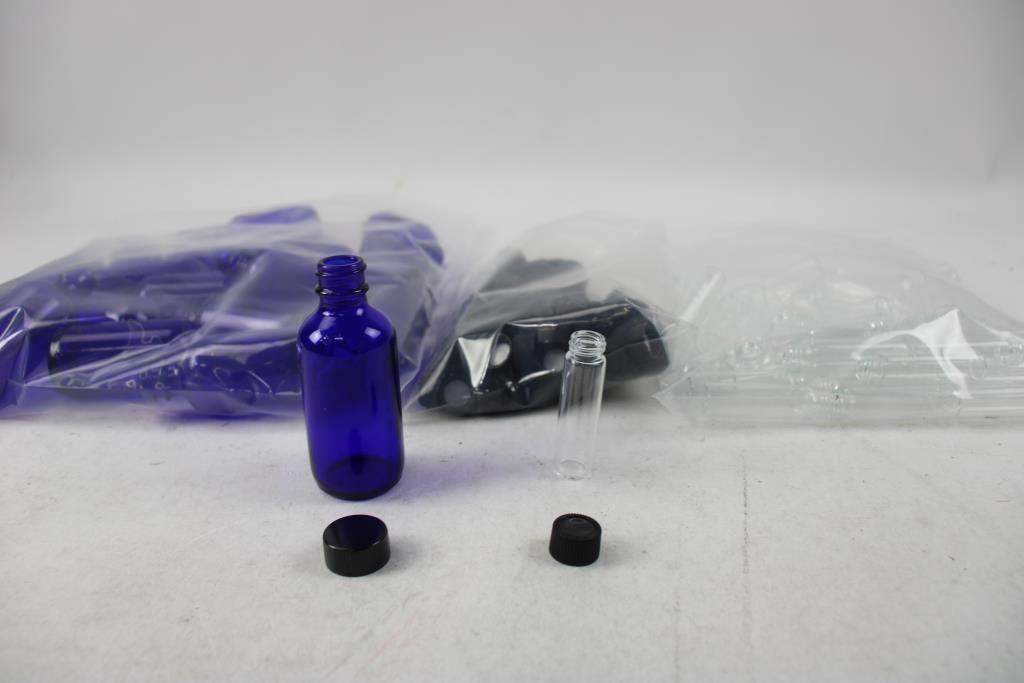Glass Vials, Blue, Transparent, With Caps, Bulk Lot