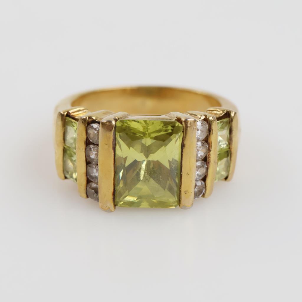 Gold Over Silver Green And Clear Stone Ring