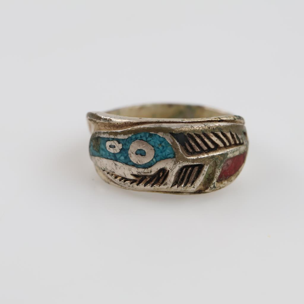 Gordon & Smith Sterling Silver Blue And Red Stone Inlay Ring