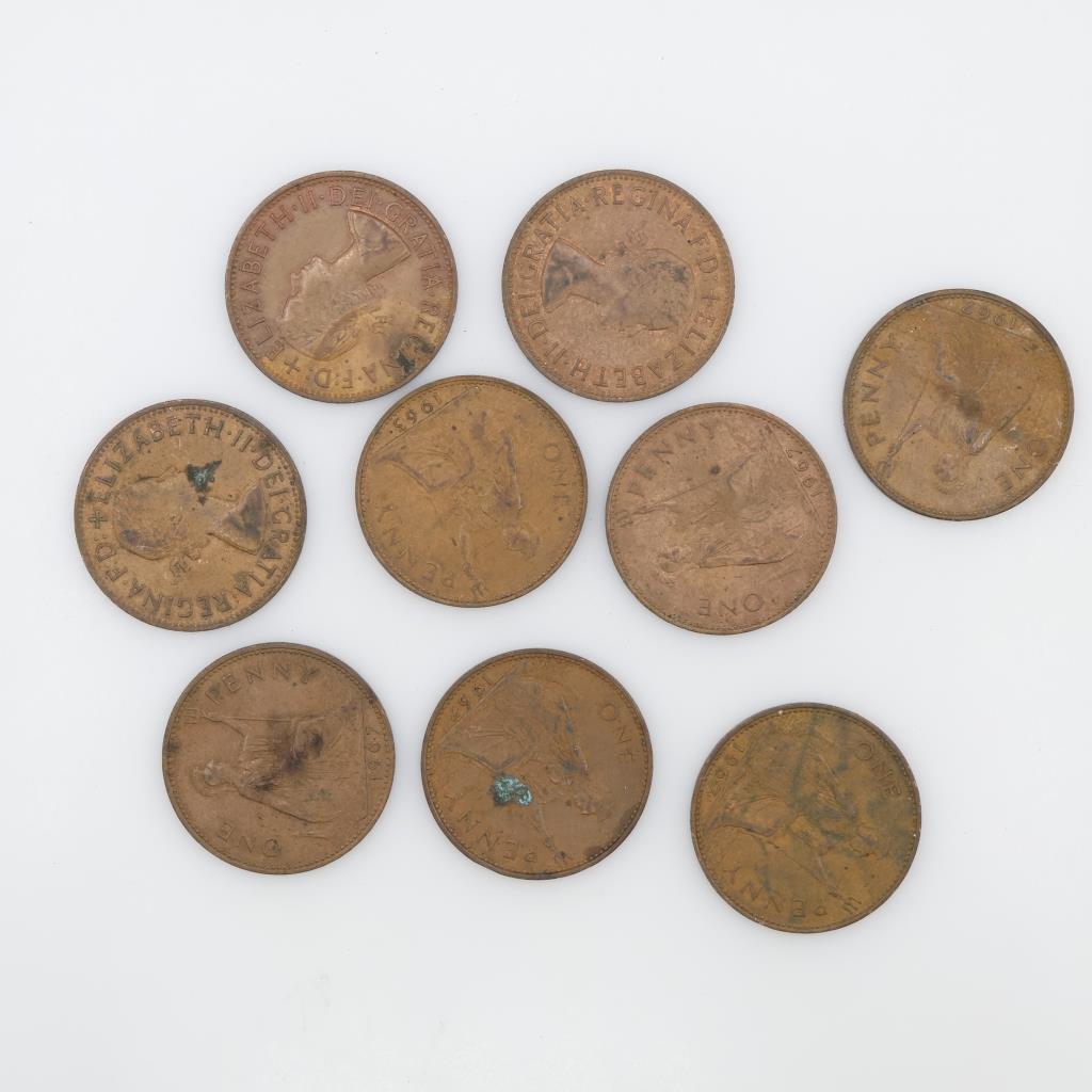 Great Britain Penny Queen Elizabeth II, 9 Pieces
