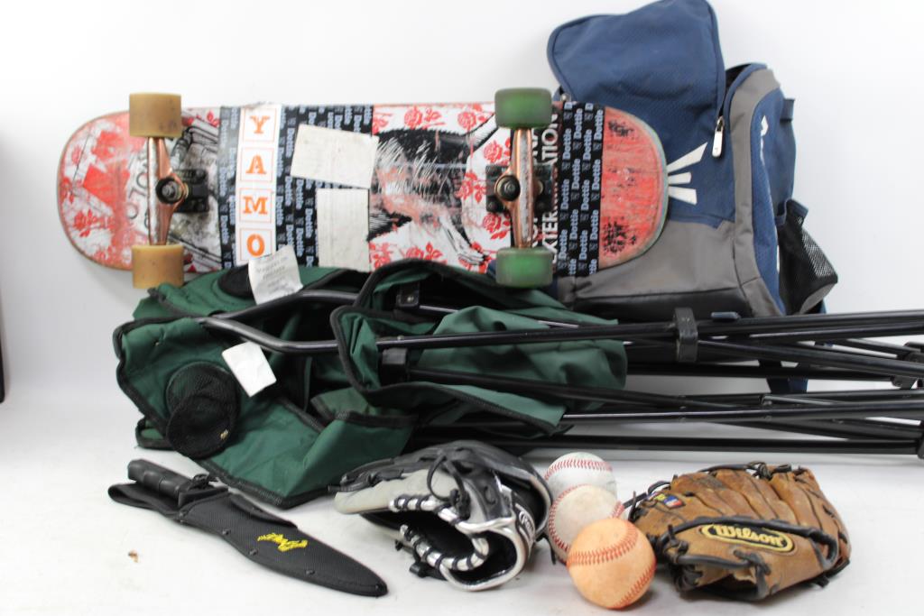 Green Folding Chair, Baseball Gloves, 31" Skateboard, And More