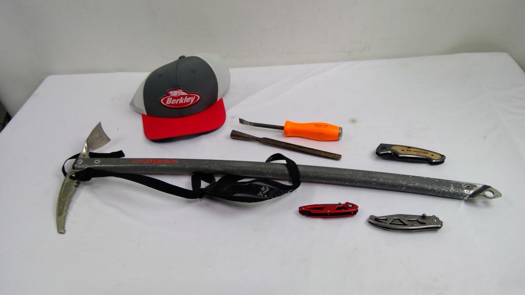 Grivel Air Tech Racing Ice Axe, Snap-On Pry Bar, Folding Knives, 6 Pieces