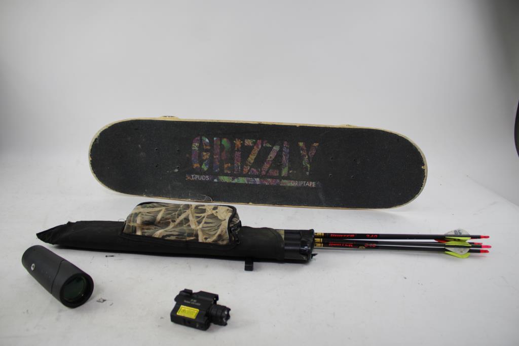 Grizzly Skateboard, Gold Tip Hunter 340 Arrows, Defendtek Tactical LED Laser, 10x42 Scope 4 Pieces