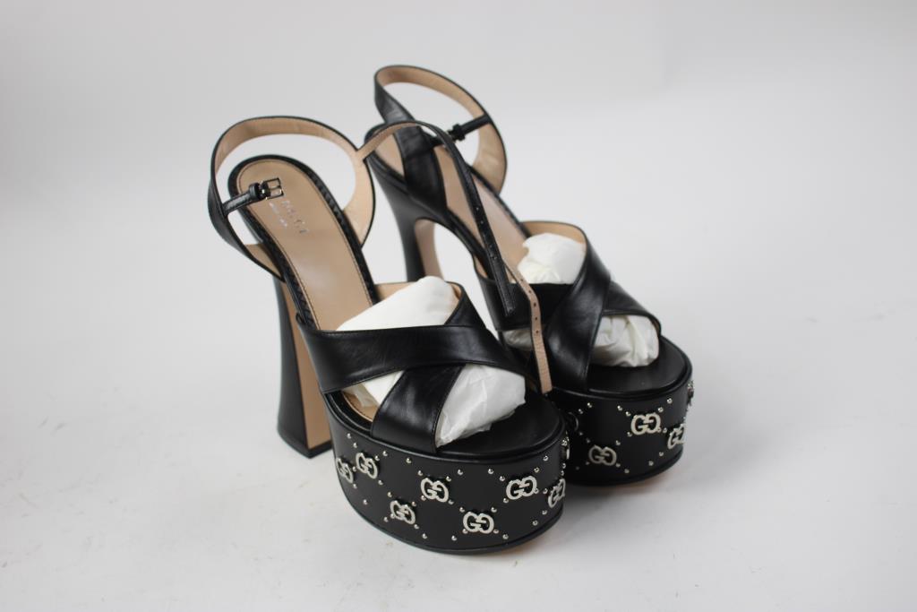 Gucci Interlocking G Leather Platform Sandals, Size 7.5, Black