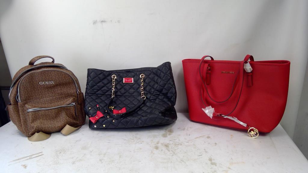 Guess Backpack, Michael Kors Red Handbag, Betsey Johnson Black Handbag, 3 Pieces