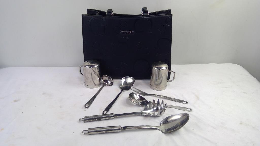 Guess Black Bag, Misc Silverware, Salt And Pepper Shakers