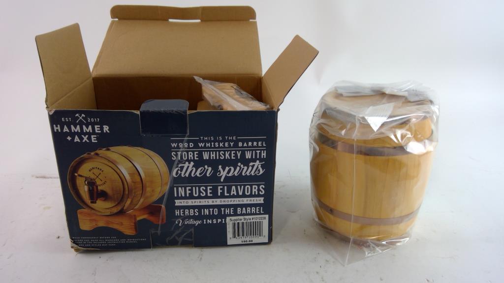 At Auction: Antique Wooden Whiskey Barrel & 6 cups