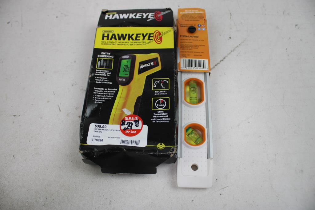 Hawkeye Thermometer, Fiskars Magnetic Level, Laser Meters, 4 Pieces