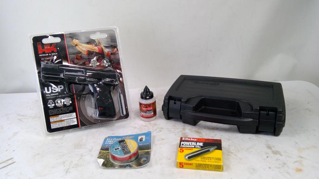 Heckler & Koch CO2 Airgun, Gun Case, CO2 Cylinders, BBs, And Pellets, 5 Pieces