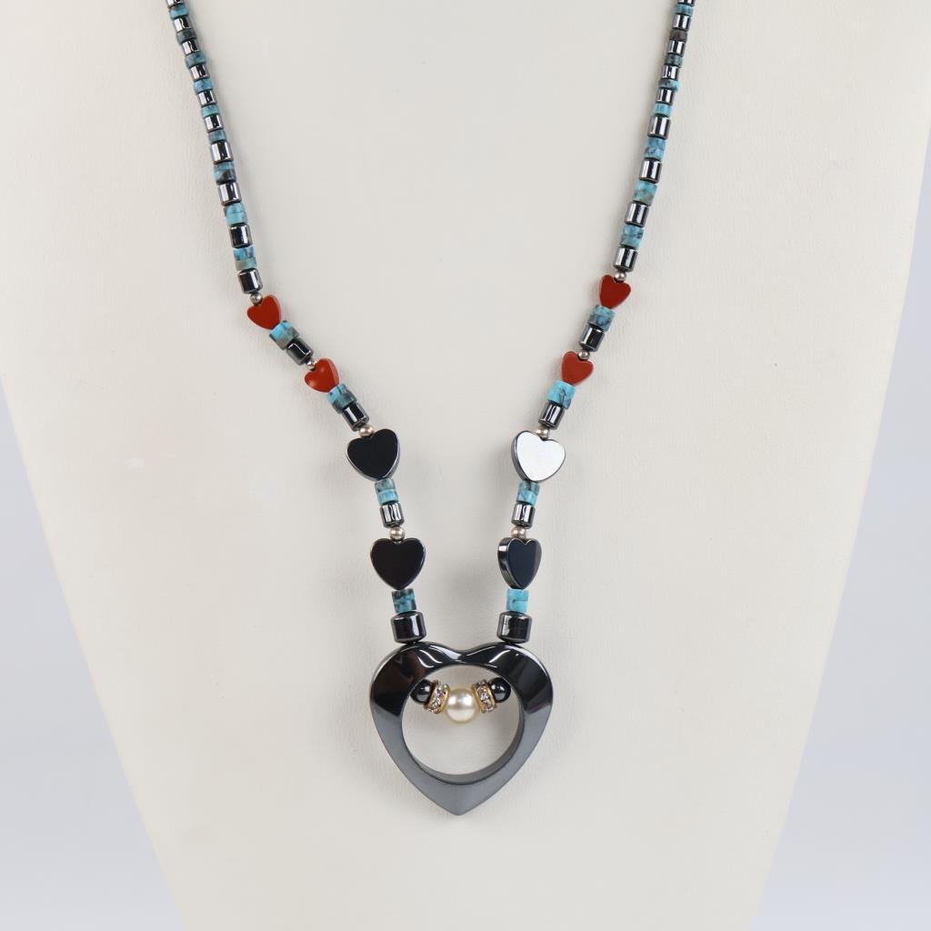 Hematite, Coral, Turquoise Beaded Necklace .900 Silver Clasp