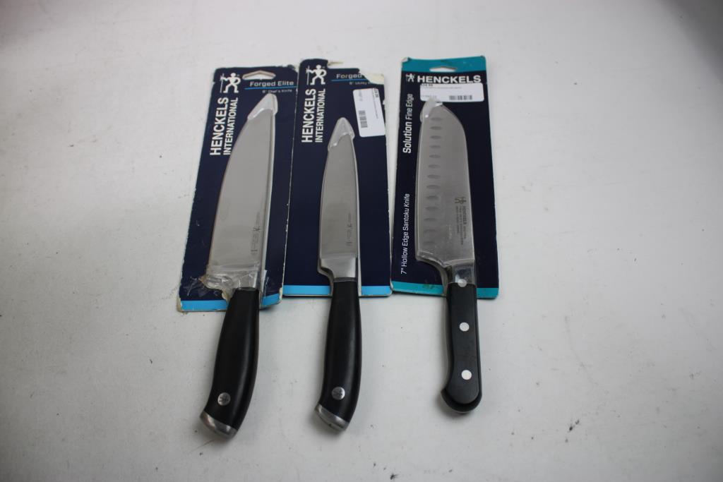 Henckels 8" Chef's Knife, 6" Utility Knife, 7" Hollow Edge Santoku Knife, 3 Pieces