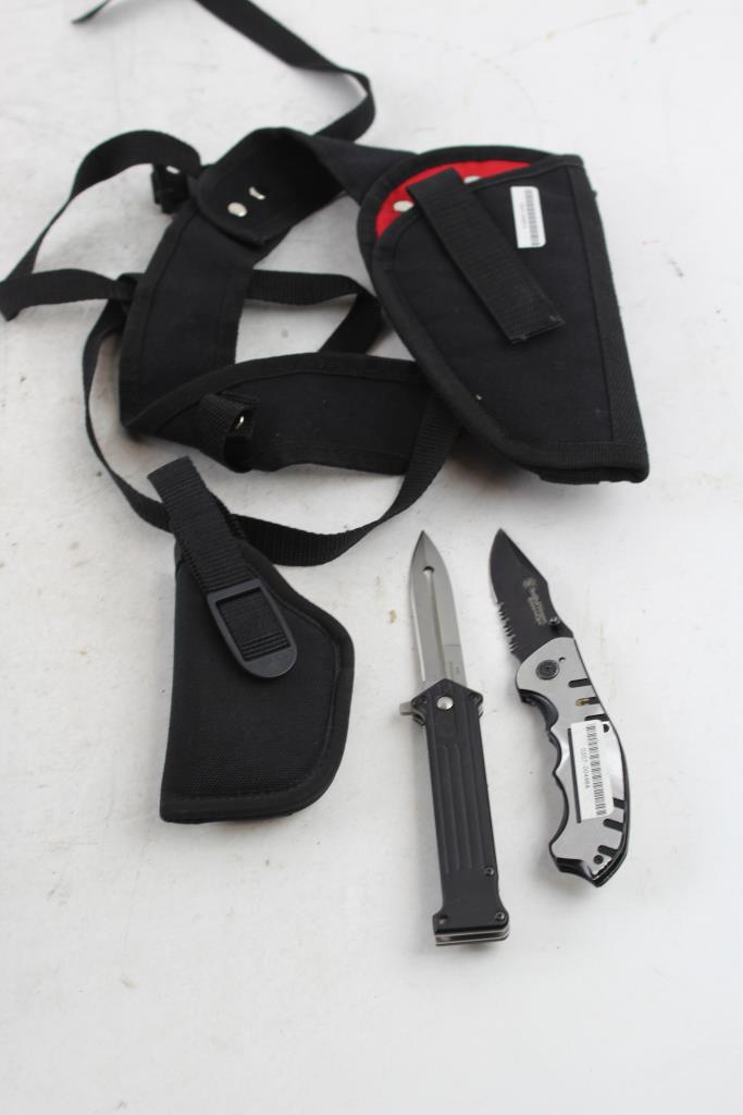 Holsters & Folding Pocket Knives; 4 Pieces Property Room