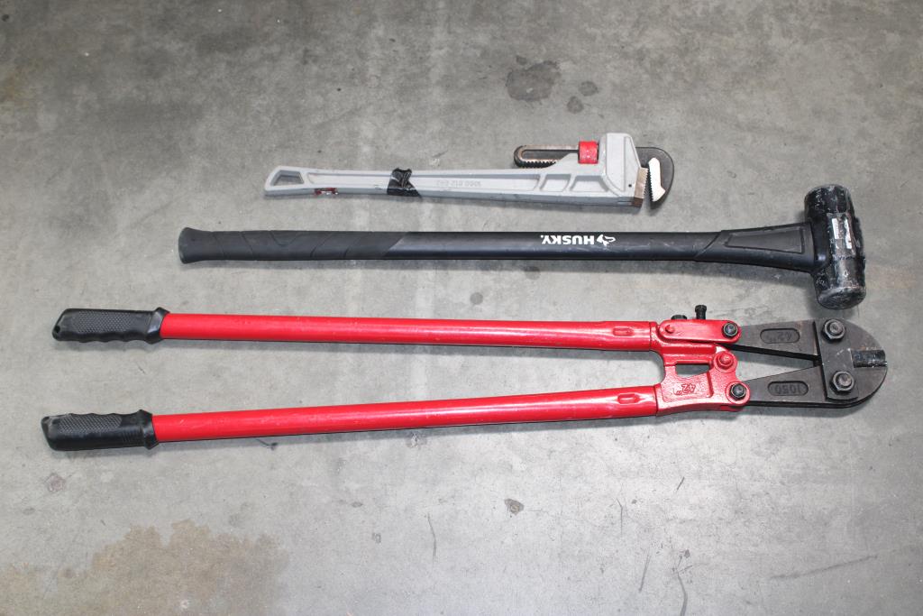 Husky 8 Lb Sledgehammer, Pittsburgh 42" Bolt Cutters, And 24" Pipe Wrench