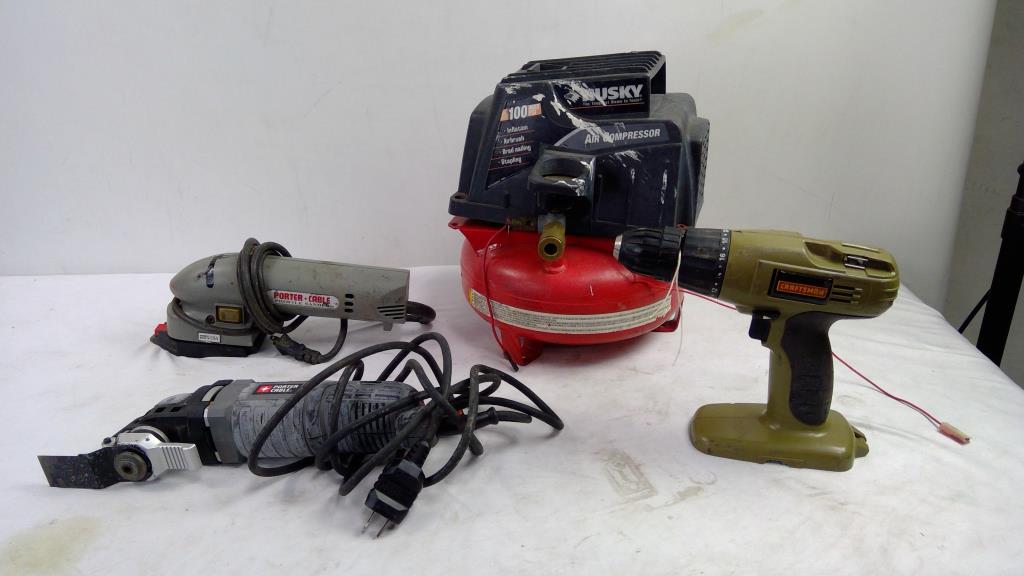 Husky Air Compressor, Stanley Drill, Porter Cable Corded Tools