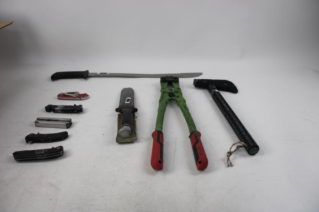 Husky Folding Knives, Doyle Bolt Cutter, Axe, And More Knives, 9 Pieces