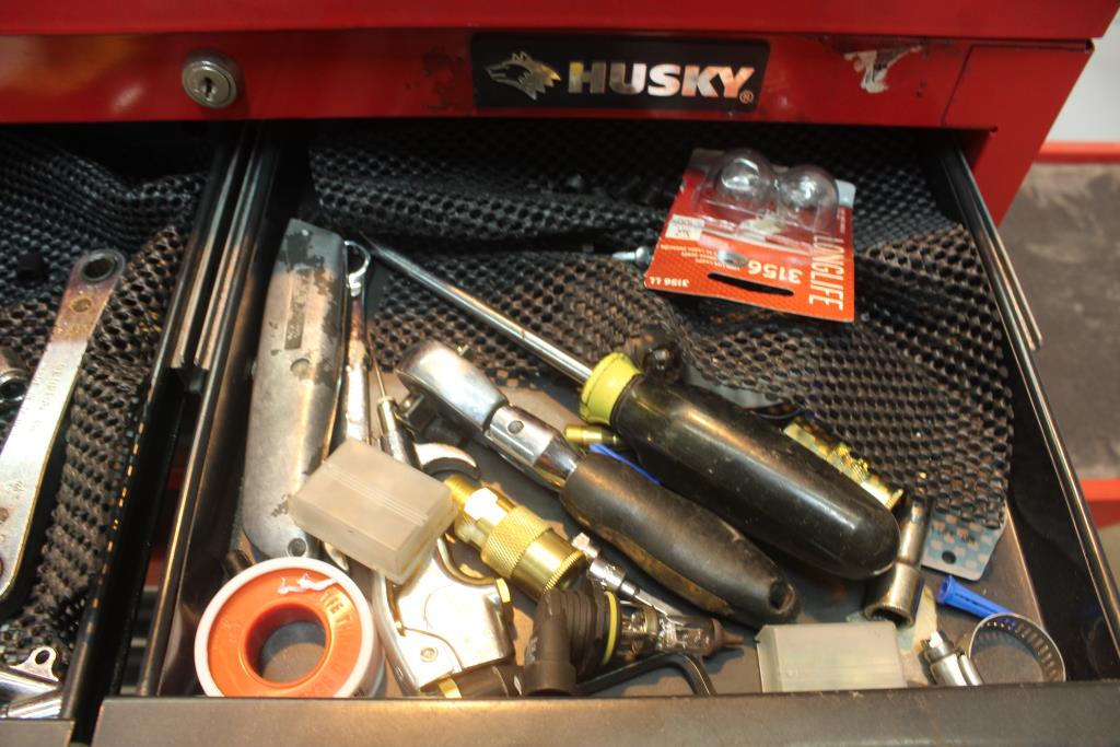 Husky Rolling Tool Chest With Power Tools, Grill Cover, Ryobi Drill And