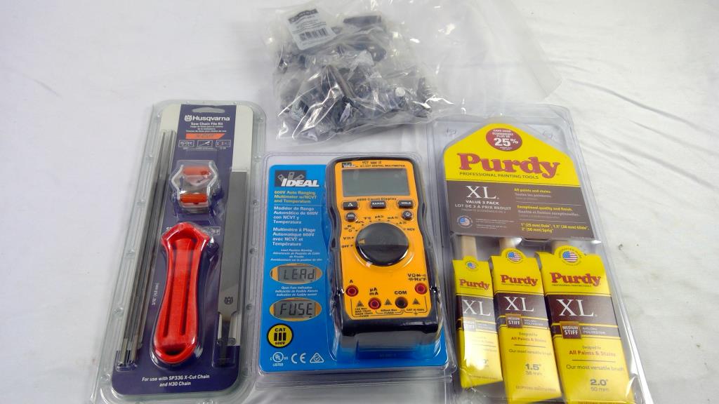 Husqvarna Saw Chain File Kit, IDEAL Multimeter, Purdy Painting Tools, And Hinges