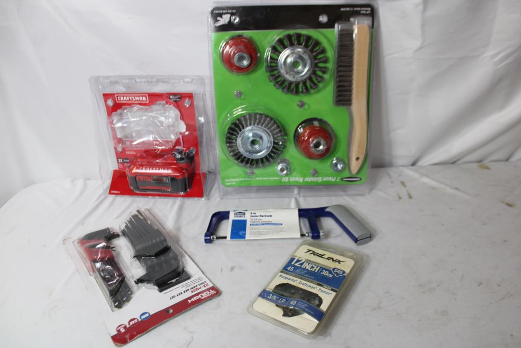 Hyper Tough Hex Key Set, Grinder Brush Kit, 6" Hacksaw, And More, 5 Pieces