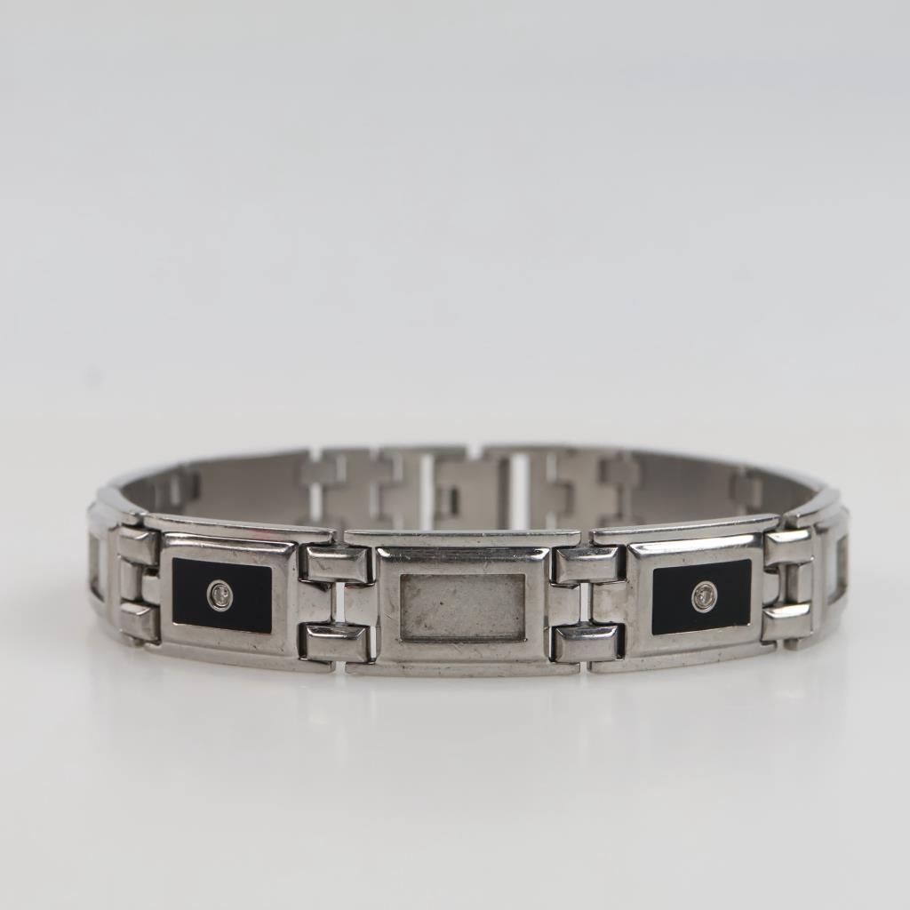 IBG Stainless Steel Men's Diamond And Black Enamel Bracelet