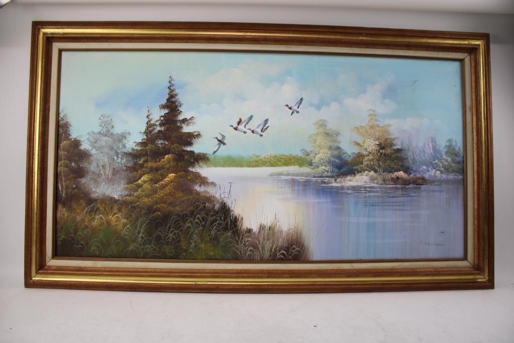 Irby Brown Painting Of A Pond With Flying Ducks