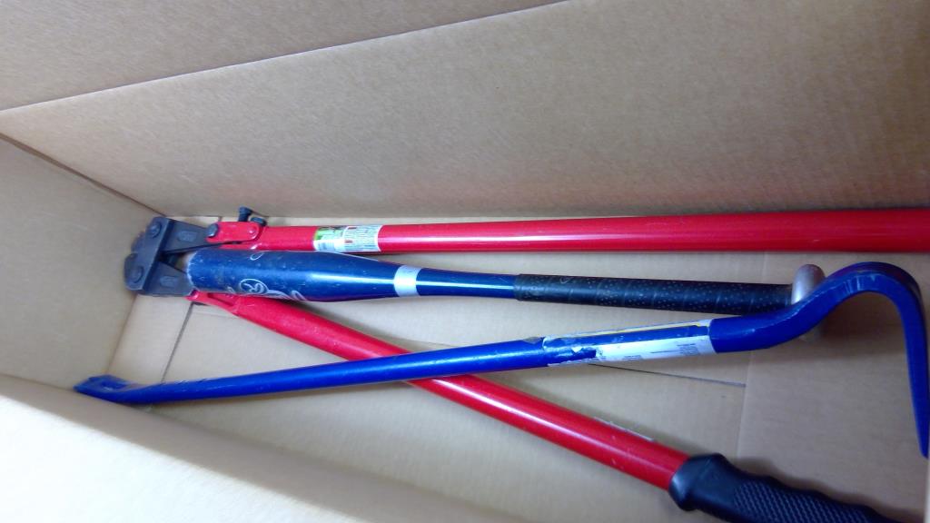 Irwin 36" Wrecking Bar, Pittsburgh 36" Bolt Cutters, And Rawlings 15 Oz. T-Ball Bat