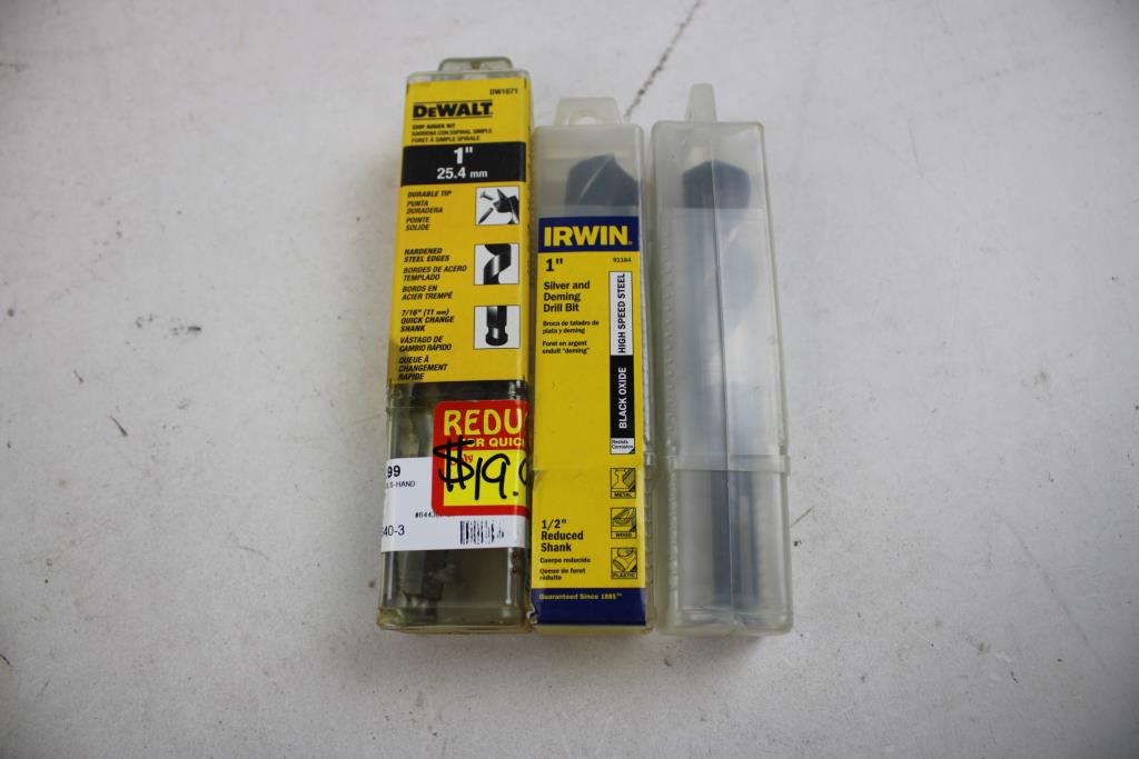 IRWIN, Dewalt Auger Bits, 1" Deming Bit, 1/2" Cutting Spur, And More, 7 Pieces