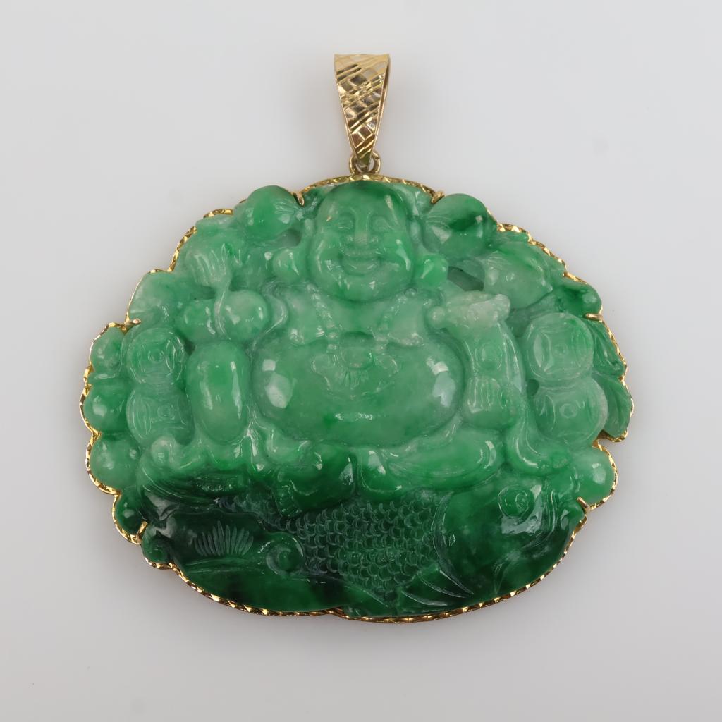 Jadeite Carved Laughing Buddha & Fish, 14kt Gold Bail And Frame