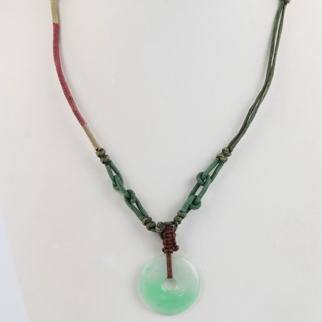 Jadite Jade Green & White Circle Disc Pendant Corded Necklace