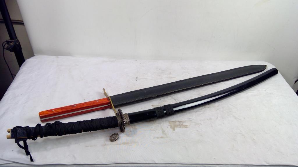 Katana With Black Sheath, And 41" Wooden Handle Sword, 2 Pieces