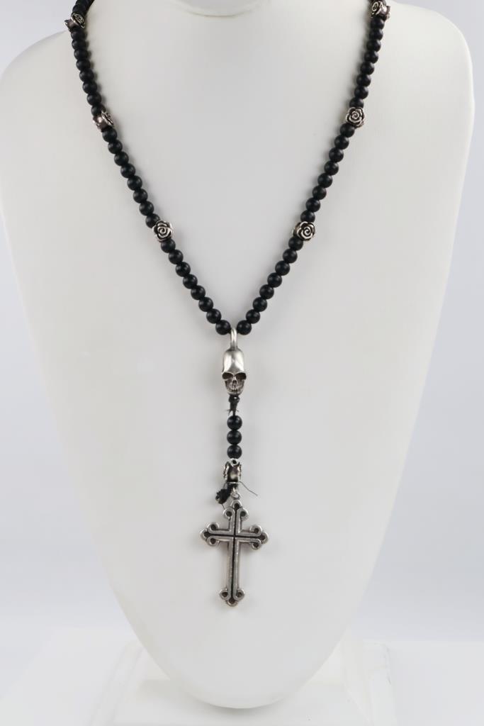 King Baby Sterling Silver And Black Onyx Beads Rosary Necklace