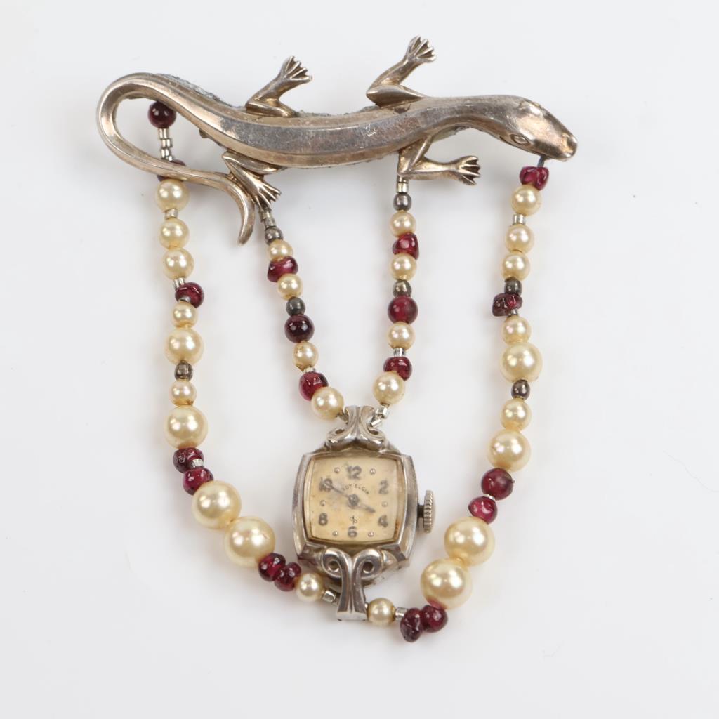 Lady Elgin 14kt GF Beaded Lizard Brooch Watch