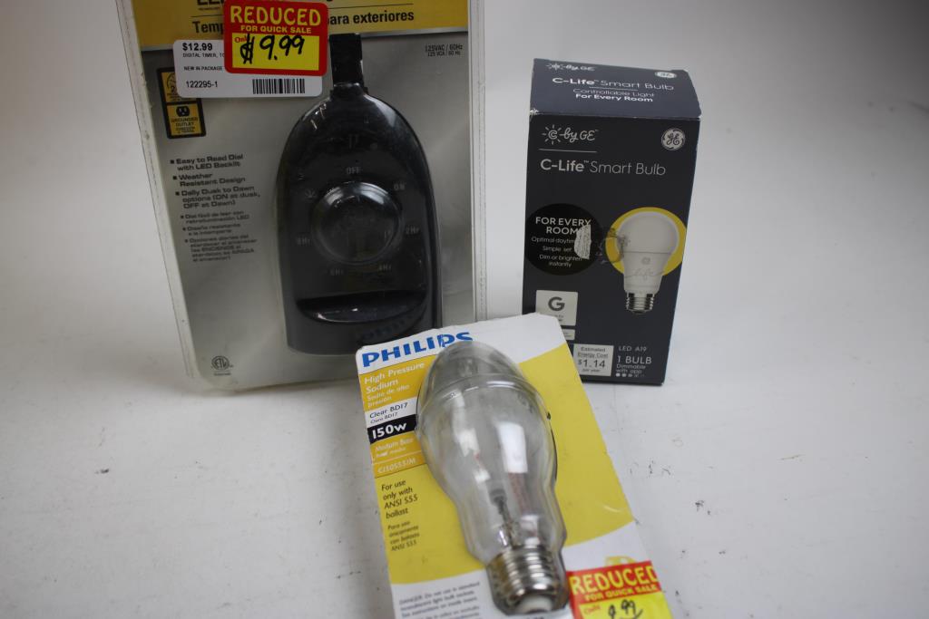 LED Outdoor Digital Timer, C-Life Smart Bulb, And More Light Bulbs, 5 Pieces