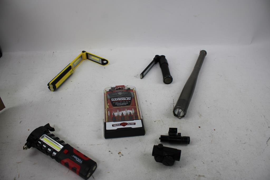 Led Work Lights, Flashlightts, Bulk Lot With Hand Gun Cleaning Kit 7 Pieces