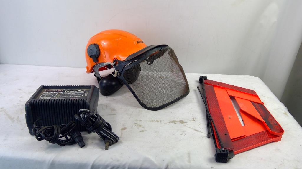 Leisure-Lift's Battery Charger, Stihl Safety Hat, Reflective Warning Sign, 3 Pieces