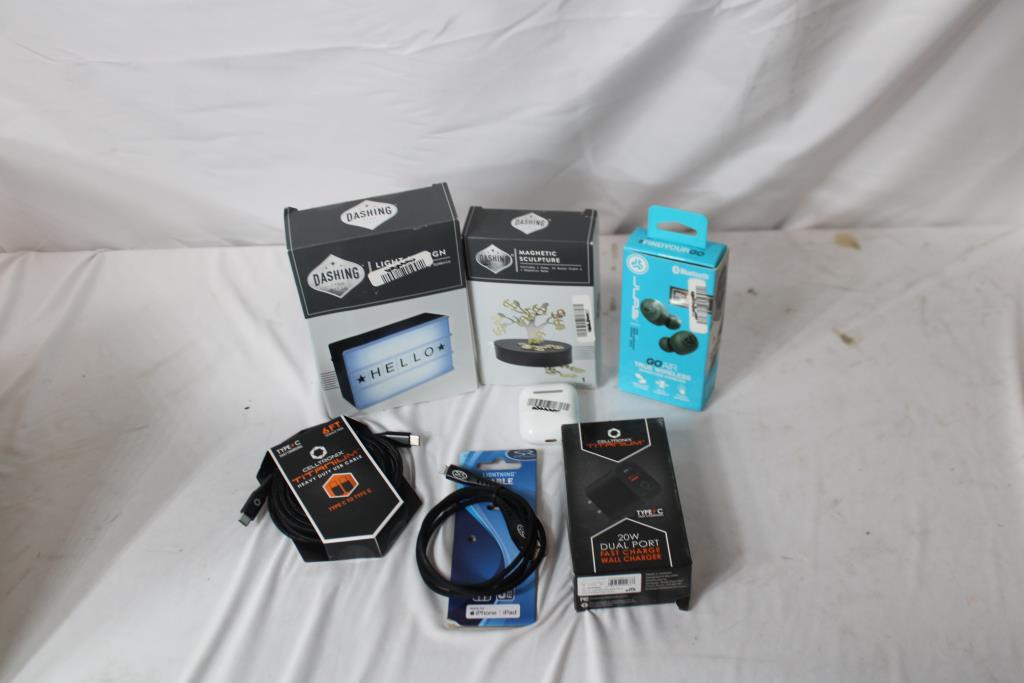 Light-Up Sign, Wireless Eabuds, USB-C Cable, Lightning To USB Cable, And More, 7 Pieces