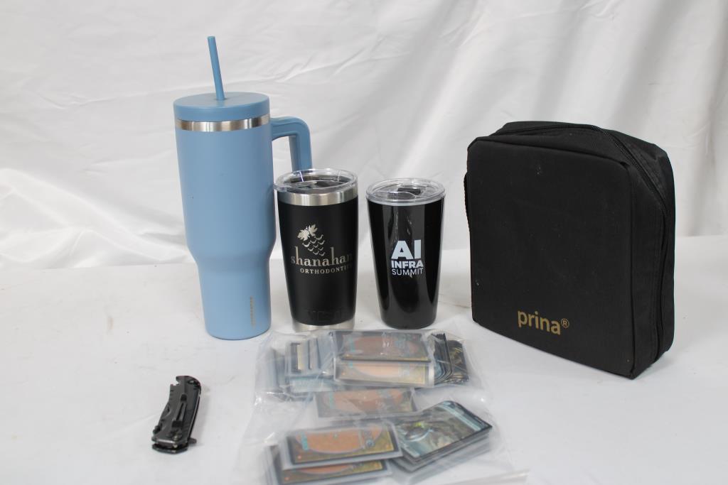 Magic The Gathering Trading Cards, Travel Cups, Knife, Colored Pencils In Case