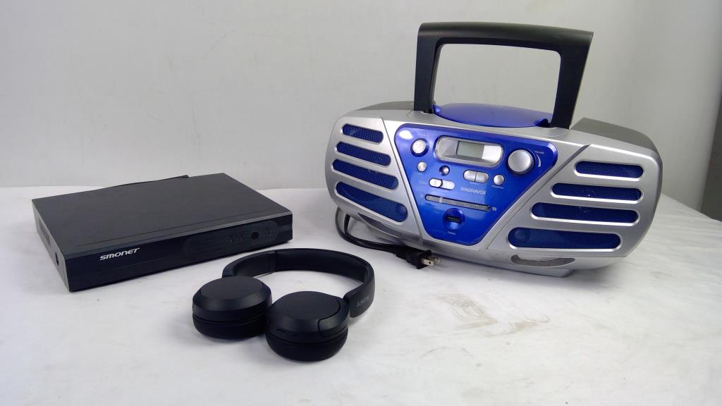 Magnavox Portable Boombox, Smonet 4CH NVR, And Sony Headphones, 3 Pieces