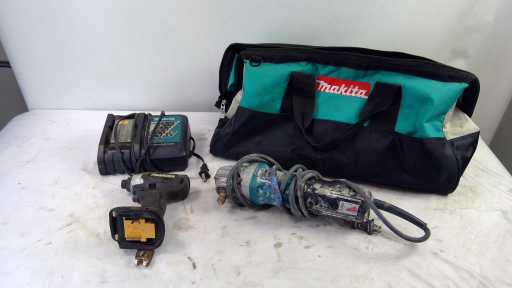 Makita 4-1/2" Corded Angle Grinder, Impact Driver, 18V Charger, Tool Bag