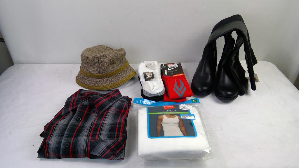 Men's Hanes XL Tanks, Plaid XL Shirt, Women's Size 7 Boots, Hat, And Socks, 6 Pieces