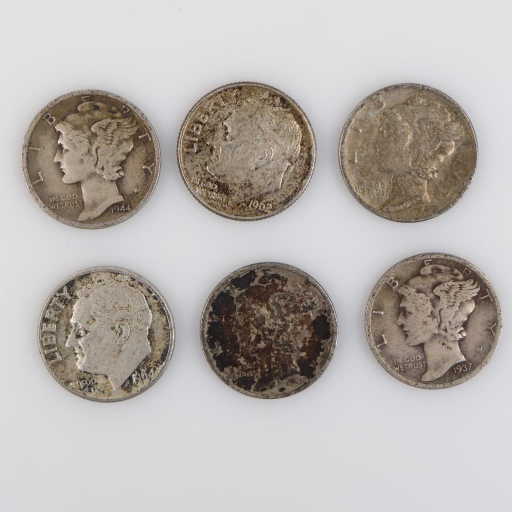 Mercury & Roosevelt Silver Dimes, 6 Pieces
