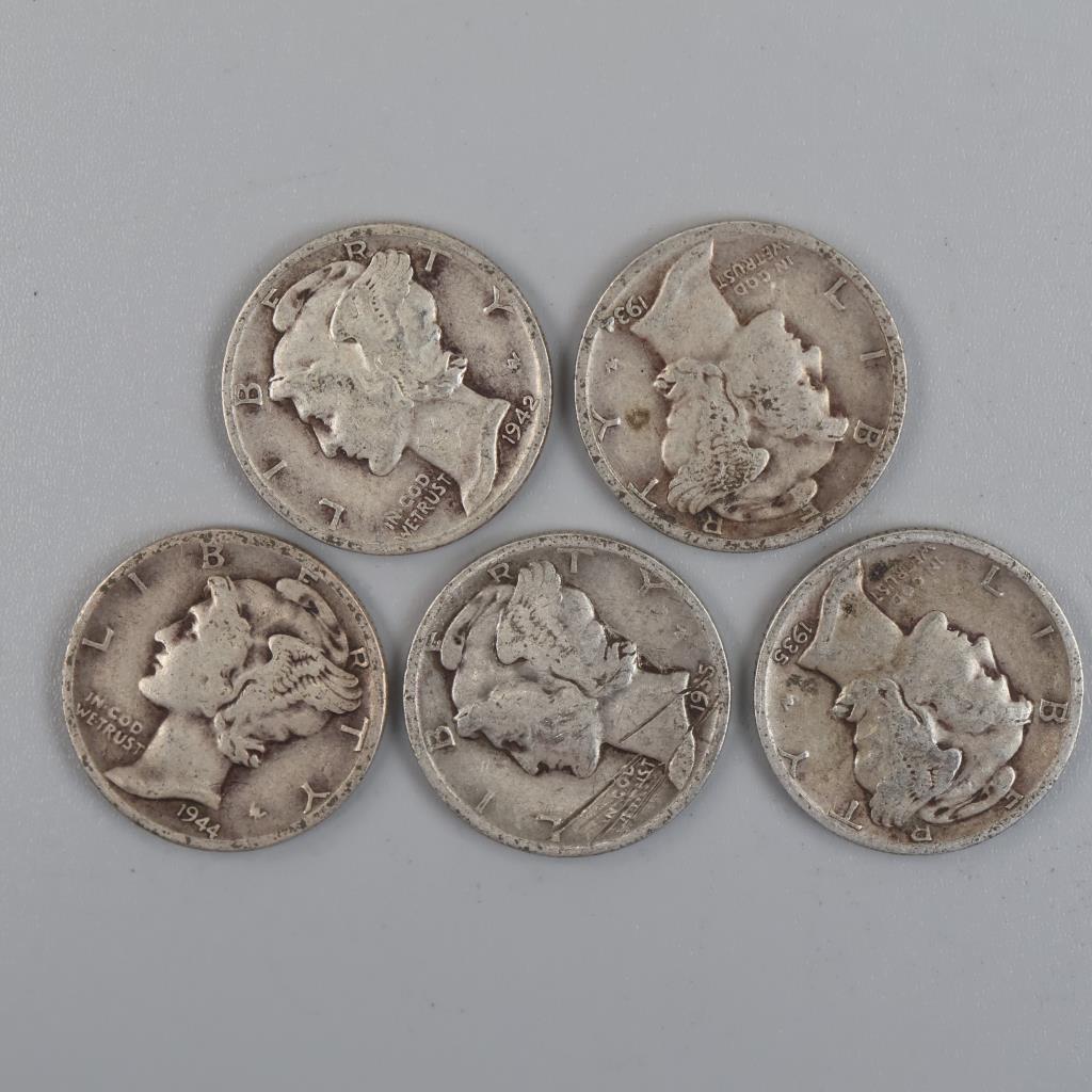 Mercury Silver Dimes, 5 Pieces